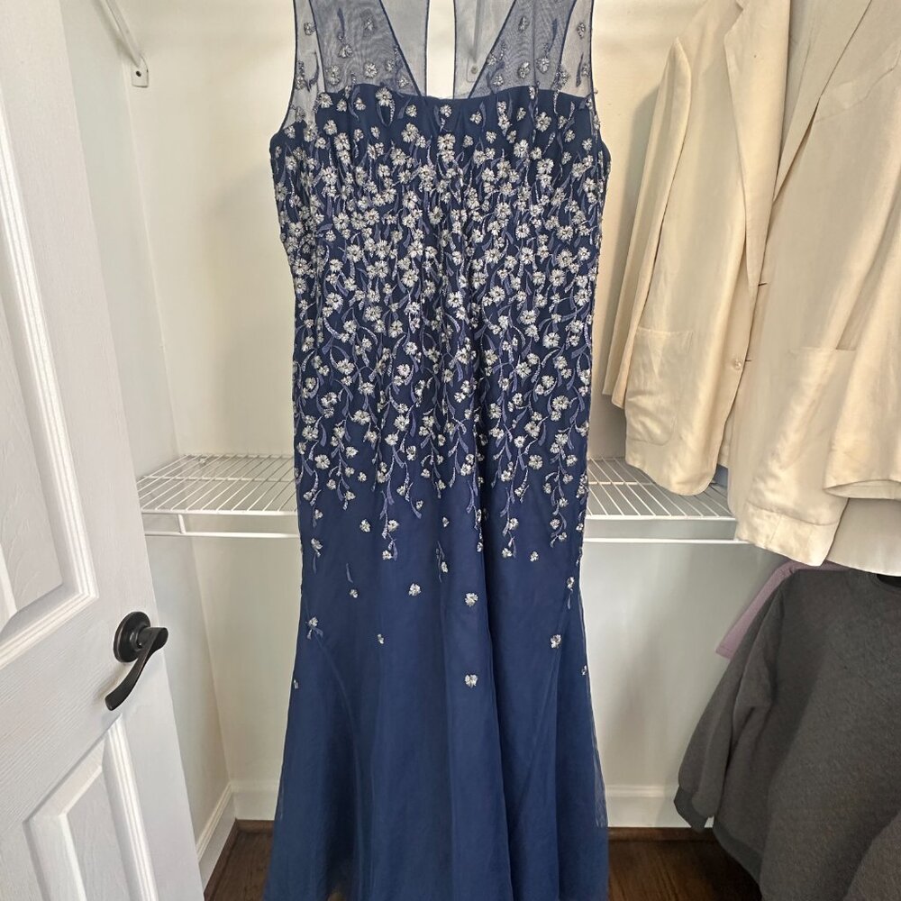 LIANCARLO Couture Dress, blue and silver, abstract print, full length. XL.